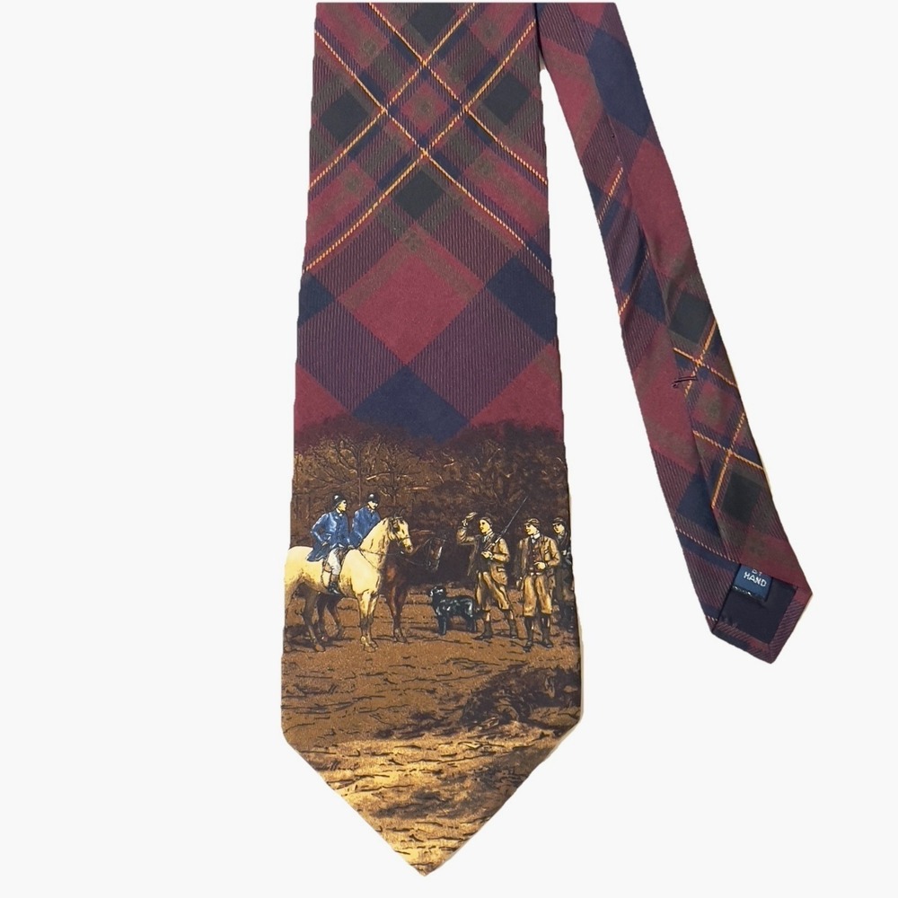 Polo Ralph Lauren Tie Men OS Burgundy Plaid Equestrian Fox Hunt Silk Excellent